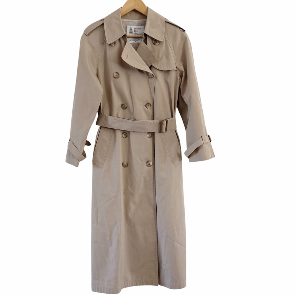 London Fog Trench Coat Khaki Maincoats Made in USA Lined Belted Women’s Size 8